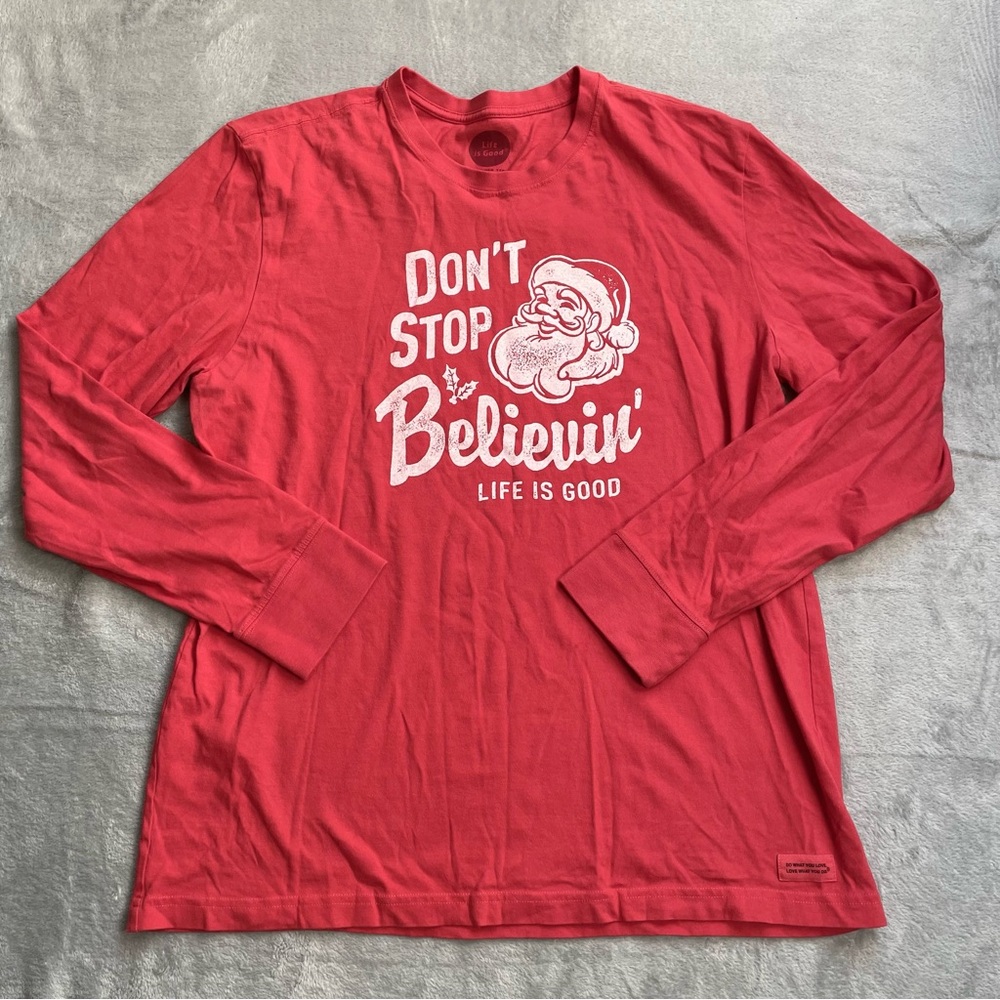 Life Is Good Christmas Shirt Large Men’s Santa Don’t Stop Believin’ Long Sleeve